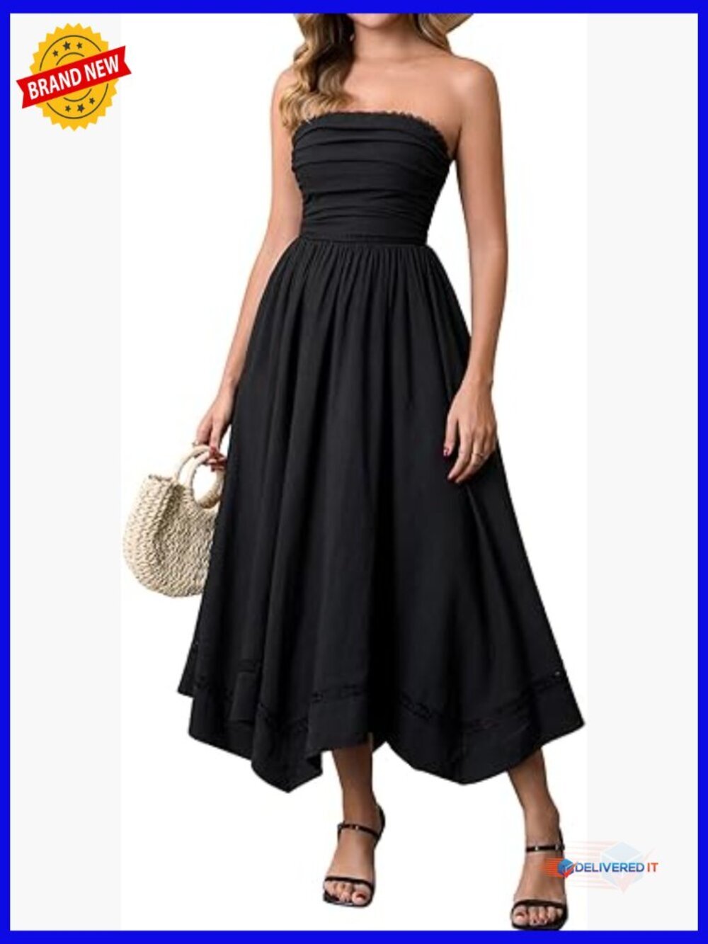 Strapless Midi Dress Lace A-Line Smocked Back Flowy Wedding Guest